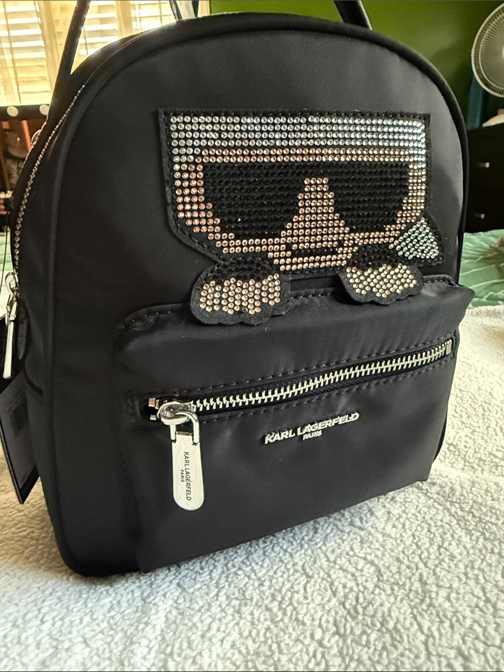 Karl Lagerfeld Black Mini Backpack with Crystal Logo Accent